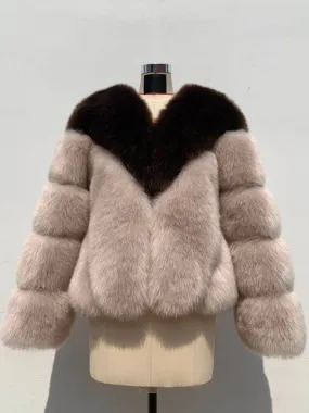 Faux Fur Coats Jacket Patchwork Long Sleeves Two-Tone Eco-friendly Jacket